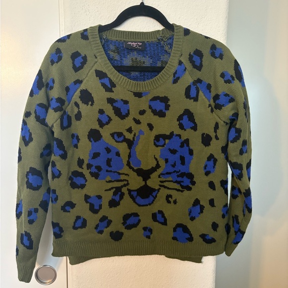 Hooked Up by IOT Sweaters - Hooked Up by IOT Olive and Blue Leopard Sweater